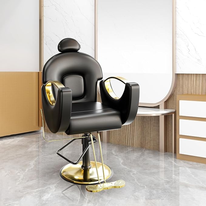 Barber Salon Chair, Reclining Salon Chair with Heavy Duty Hydraulic Pump, 360° Swivel and Height Adjustable, 330 LBS Capacity Spa Beauty Equipment Hairdresser Armchair for Barbershop- Black & Gold