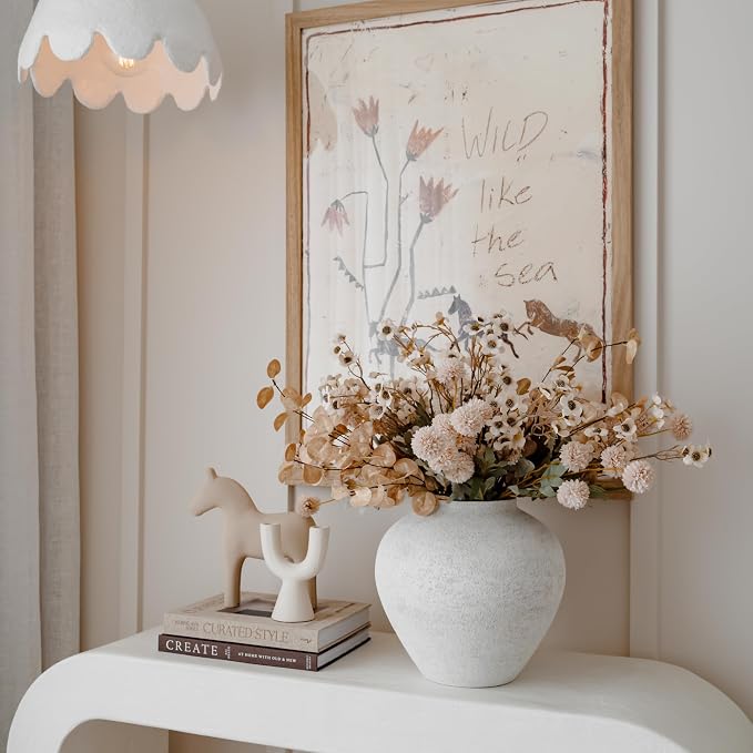 SilkSerenade Large White Round Vase for Flowers & Table Centerpieces - 11 Inch Rustic Textured Earthy Stone Look, Matte Big Vessel Decorative Arina Modern Farmhouse Wabi Sabi Decor Living Dining Room