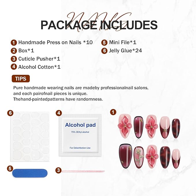 Handmade Press On Nails Almond - Luxury French Tips Leopard Fake Nails Short, 3D Flowers Design, Salon-Quality Reusable, Fall/Winter Gift for Women, 10pcs Brown