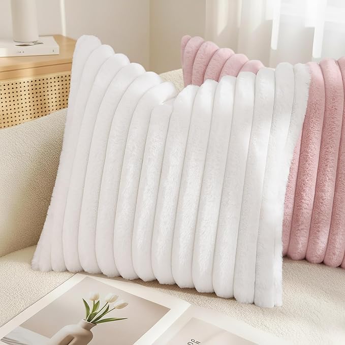 decorUhome Fall Faux Fur Throw Pillow Covers 20x20 Set of 2 White | Decorative Soft Cozy Striped Plush Modern Farmhouse Boho Couch Pillow Cases Velvet Back for Sofa Bed Living Room Home Decor