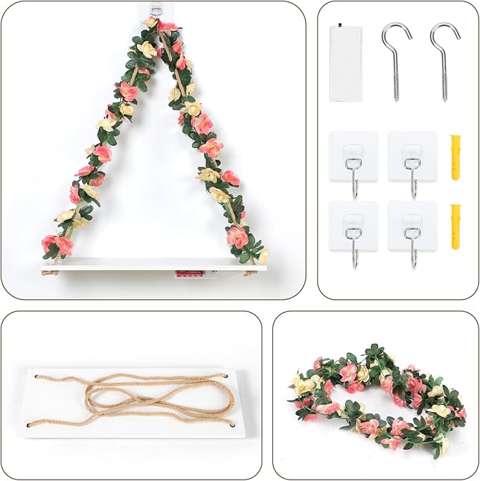 EXIN DECHEN Wall Decor for Bedroom,Floating Shelves,Room Decor Aesthetic | Set of 2,No Drill Shelves,Leaves and Light Strip with Flower,Cute,Teen Girls,Princess,Coquette for Dorm Livingroom Decor