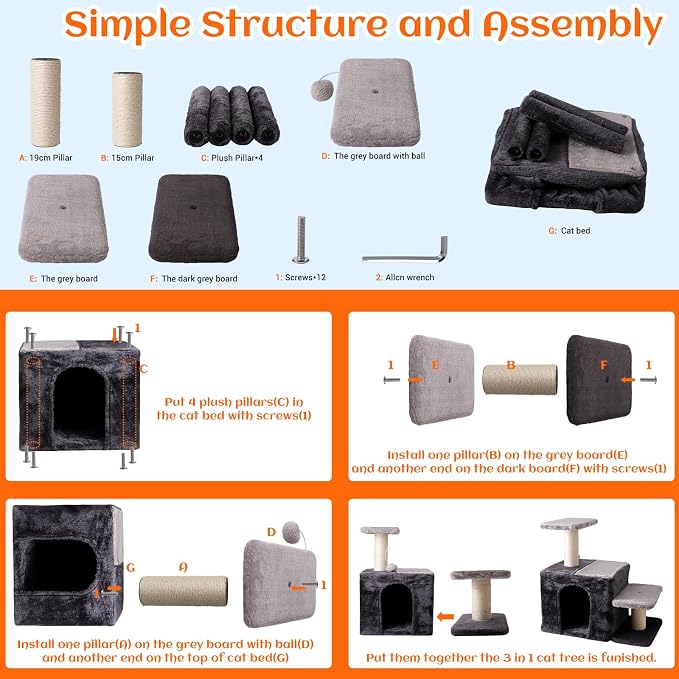 3-in-1 Pet Stairs for Cats, Indoor Steps for Old Cat,Ladders for High Bed Pet's Joints, Sisal Scratching Posts, Kitten Cave Nest Bed