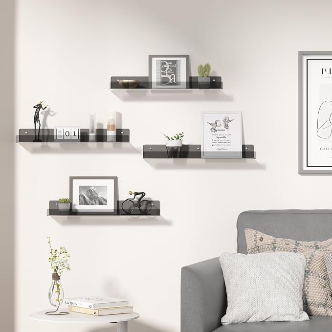 upsimples 4 Pcs 15" Acrylic Shelves for Wall Decor and Display, Clear Black | Cute Floating Shelf for Perfume, Skincare, Nail Polish, Wall Organizer for Bedroom, Living Room, Playroom, Room Décor
