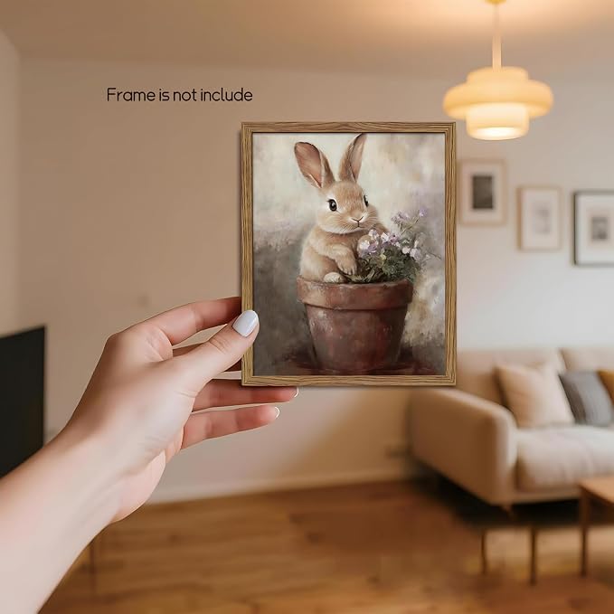AKWISH Vintage Easter Wall Art Poster, Cute Rabbit in Flower Pot Picture Prints, Cottage Farmhouse Bunny Canvas Artwork, Holiday Wall Decor for Kids Room Girls Bedroom Living Room 8x10 inch Unframed