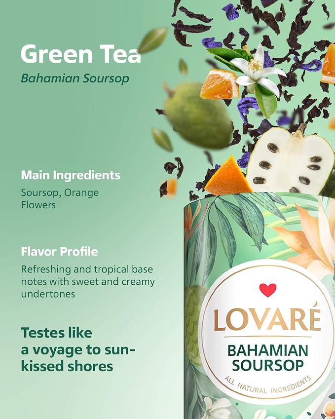 LOVARE Loose Leaf Tea 80 g - Made in Ukraine - Assorted Tea - 1001 Night, Passion Fruit, Sparkling Splashes, Bahamian Soursop - Gift Box with 60 Paper Filters – Easy to Brew Flavored tea (Set of 4)