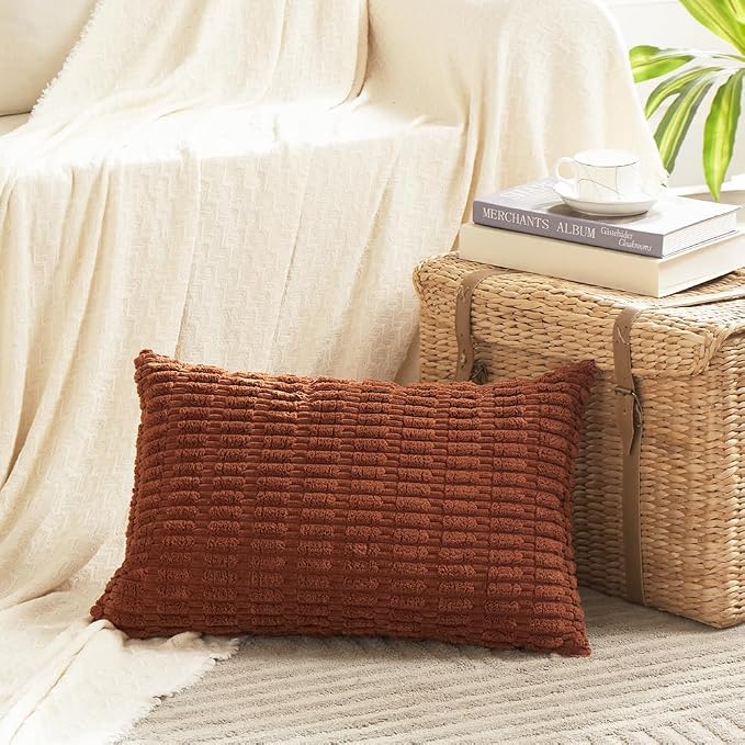 Fancy Homi Decorative Throw Pillow Covers for Bed Couch Bedroom Bench, Soft Corduroy Solid Pillow Case, Rustic Farmhouse Boho Room Decor,20" x 12" (Pack of 1),Rust