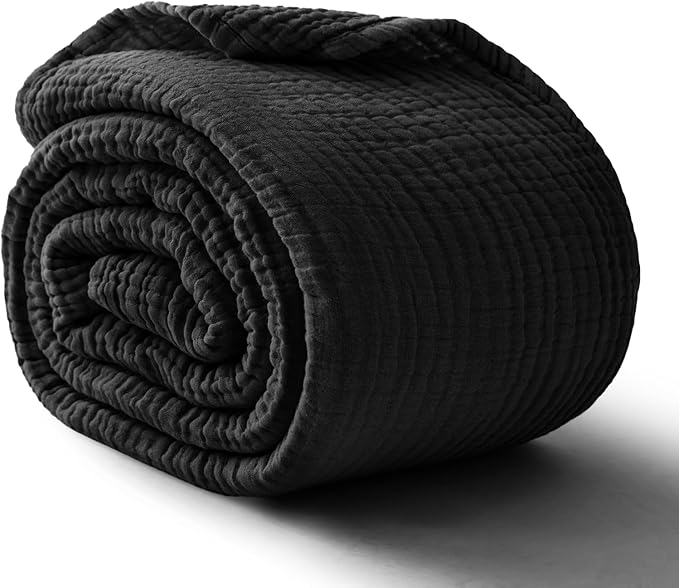 100% Cotton Muslin Blanket Twin 60" x 80", Breathable and Lightweight Cotton Twin Blankets for Couch, Soft Cooling Summer Gauze Blanket for Adults All Season, Black