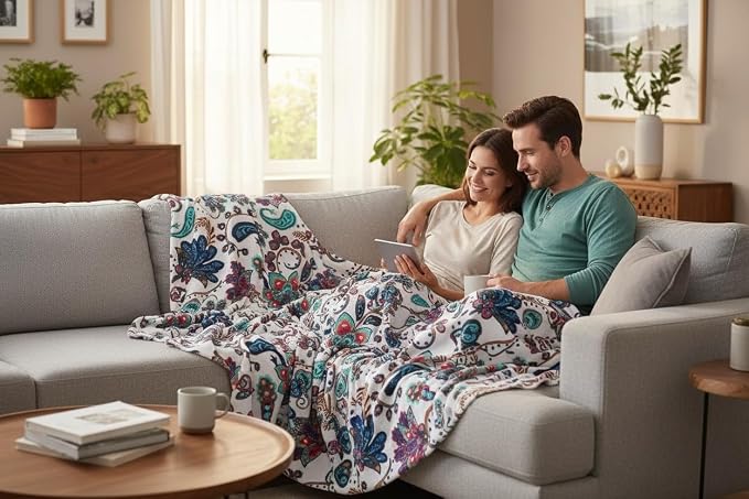 Bohemian Fleece Throw Blanket: Velvety Soft Durable Boho Floral Paisley Design Accent for Bed or Couch (Multicolored Boho, 50 x 60 inches)