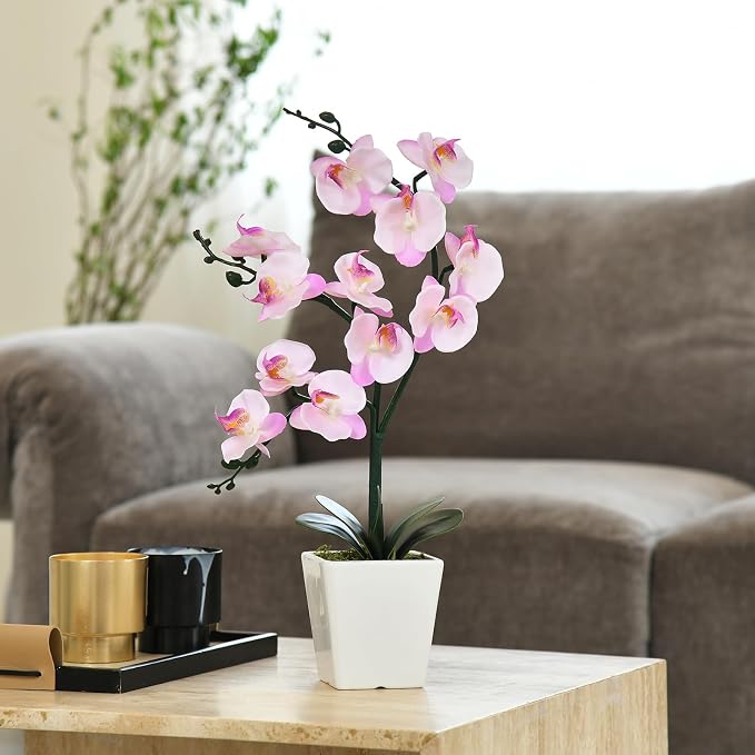 15" Silk Phalaenopsis Orchid in Square Pot, Pink Shades Flower Arrangements | Lifelike Faux Potted Blooms with Moss in a Ceramic Planter. Looks Real, Zero Upkeep, Ideal Centerpiece for Any Table
