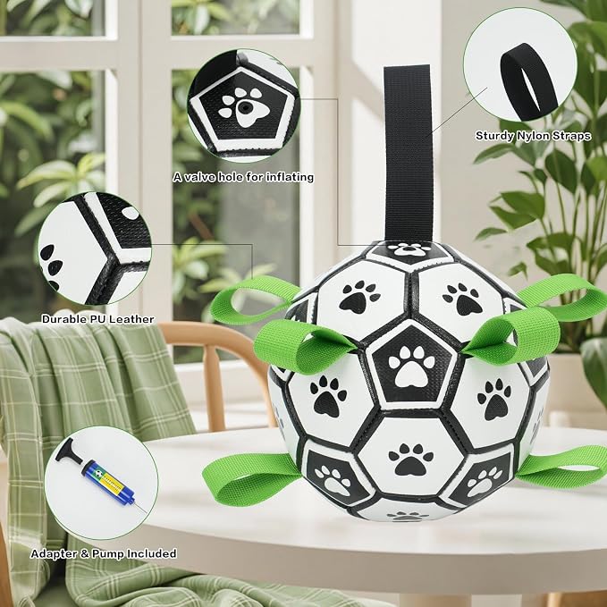 Dog Soccer Ball with Straps, 7.25 Inch Herding Dog Ball Toys Dog Birthday Toy, Balls for 30-90lbs Dogs, Outdoor Dog Ball Toy for Medium Large Puppy, Interactive Toy for Tug, Water Toy Ball