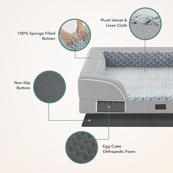 Orthopedic Washable Dog Bed for Medium Dogs, 35x22in, Light Grey | Orthopedic Foam Eases Joint Pressure, Bolsters Supports Head And Neck, Washable Pet Beds, Removable Cover, Non-Slip Bottom