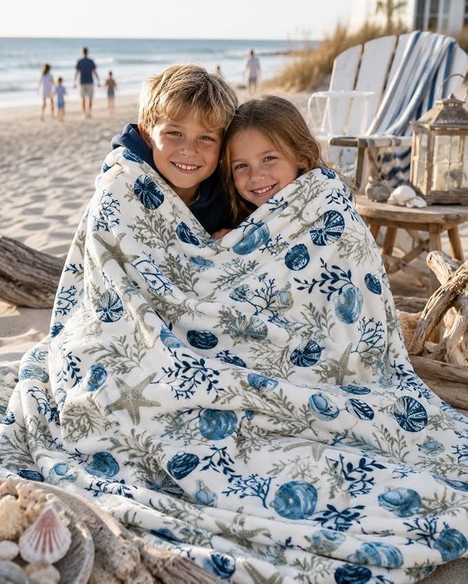 Coastal Ocean Beach Throw Blanket, Blue Gray Taupe White, 50x70 Oversized | Soft Plush Velvet Fleece, Seashell Beach Hues, Accent for Sofa Couch Chair Bed or Dorm, Washable & Durable, Extra Large Size
