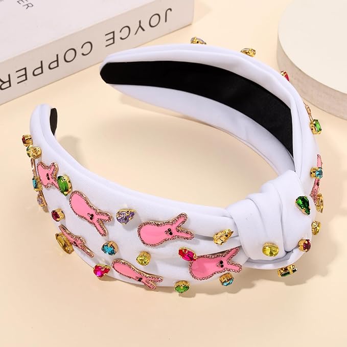 mokkia Easter Headbands Beaded Rabbit Bunny Headband for Women Pink Spring Knotted Headband Easter Hair Accessories Gifts