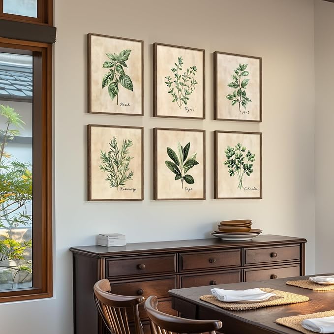 Framed Rustic Sage Green Botanical Wall Art for Kitchen, 6 Piece 11x14 In | Modern farmhouse wall decor, Herb spices plant leaf pictures, Canvas prints, Living room bedroom dining room artwork