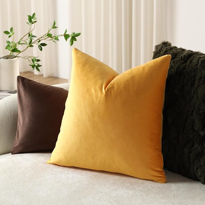 Euro Sham Covers 26x26 Gold Yellow: Pack of 2 Cozy Soft Velvet Square Modern Luxury Decorative Throw Pillow Cases for Sofa Couch Living Room Bed Home Decor