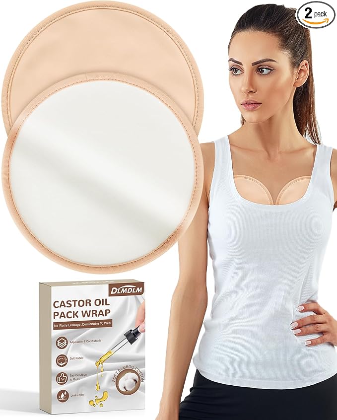 DLMDML 2Pcs Castor Oil Pack for Breast, Reusable Organic Castor Oil Wrap Breast Pad, Anti Leak Breast Nursing Pads for Women Relaxing Sleeping (Khaki)
