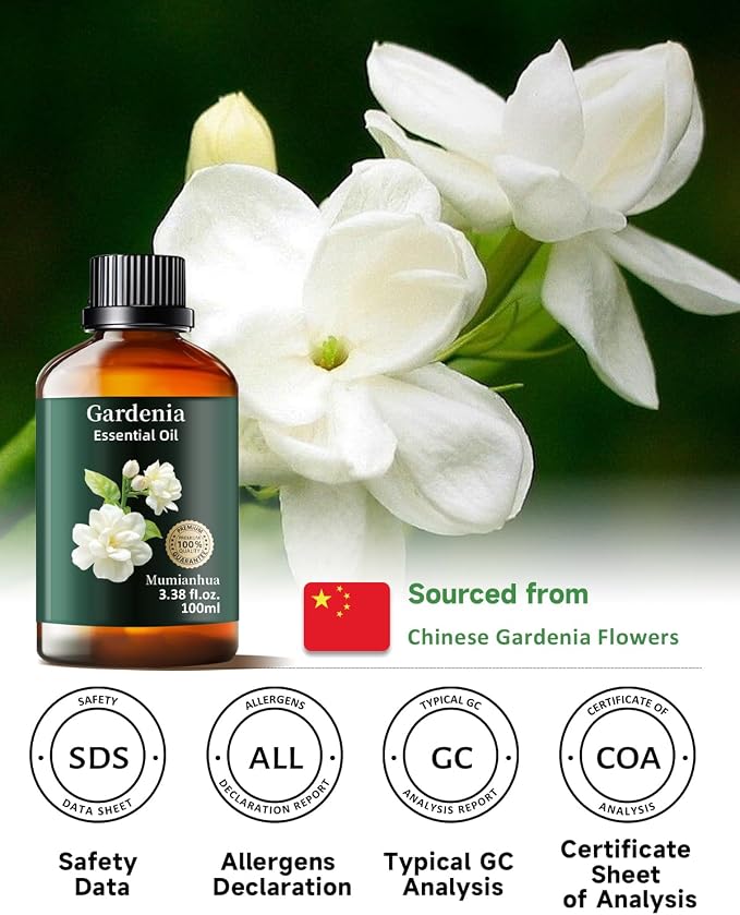 Gardenia Essential Oil, Sweet Floral Scent, Diffuser & DIY, 3.38 Fl Oz | Mumianhua Gardenia Oil, Steam-Distilled. Creamy Floral Aroma. For Diffuser, Perfume, Skin, Hair & Candle