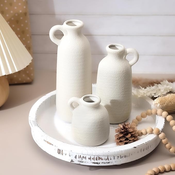 White Ceramic Vase Set of 3 with Handle, Waterproof Vases for Pampas Grass | Farmhouse Vases Home Decor for Dried Flowers, Flower Vase for Table Living Room Home Decor