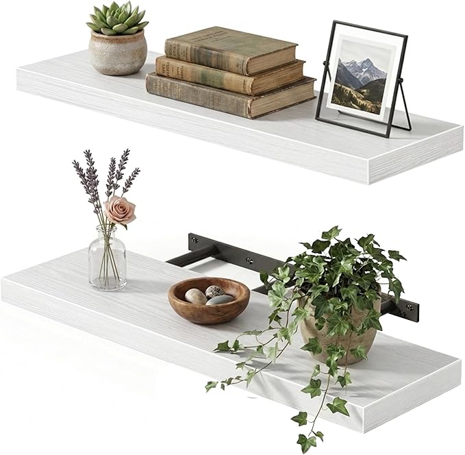 Fixwal Floating Wall Shelves for Decor (White, Set of 2, 22Inch) | MDF Shelf with Metal Brackets, Space Saving for Books , Decor, Fits Bathroom, Kitchen, Bedroom, or Office