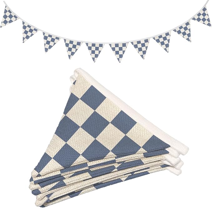 Boys Room Wall Art Decor,Cars Room Decor for Toddler Nursery Playroom,Blue and White Checkered Garland Triangle Banners,Racing Flags 11Ft Bunting Flags Fabric for Baby Shower Birthday Party