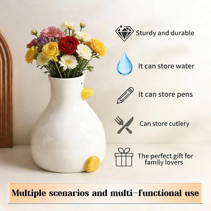 Ceramic DuckVase White Modern Flower Vase with Unique DuckDesign Aesthetic Table Decor Funky Trendy Art Planter Holder for Flowers, Home Office Shelf Decoration