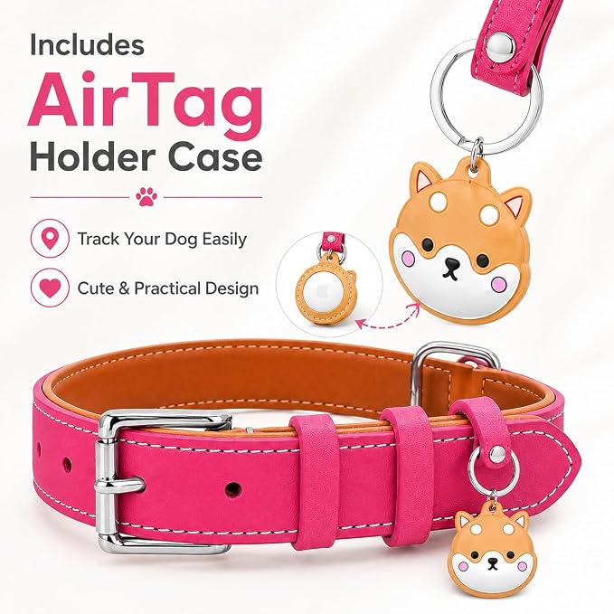 Genuine Leather Dog Collar, Soft Padded Leather Dog Collars with Airtag Holder Case for Small Medium Large X-Large Dogs,Comfort Heavy Duty Pet Collar with Durable Metal Buckle & D-Ring-Pink/L