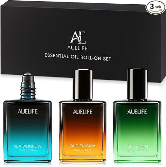 3 x 15ml Essential Oil Roll-On Set, Self Care Relaxing Aromatherapy Gifts for Men, Portable Travel Essential Oils Roller Set for Father's Day & Birthday Gift, Roll Oil for Skin(Relax, Calm, Refresh)