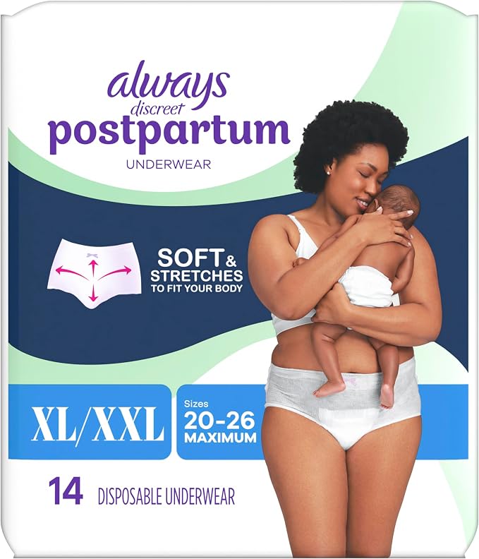 Always Discreet Postpartum, Reimagined Adult Diapers for Women, Maximum Absorbency Postpartum Underwear Size XL/XXL, Up to 100% Leak Free Bladder Leak Protection, 14 Count