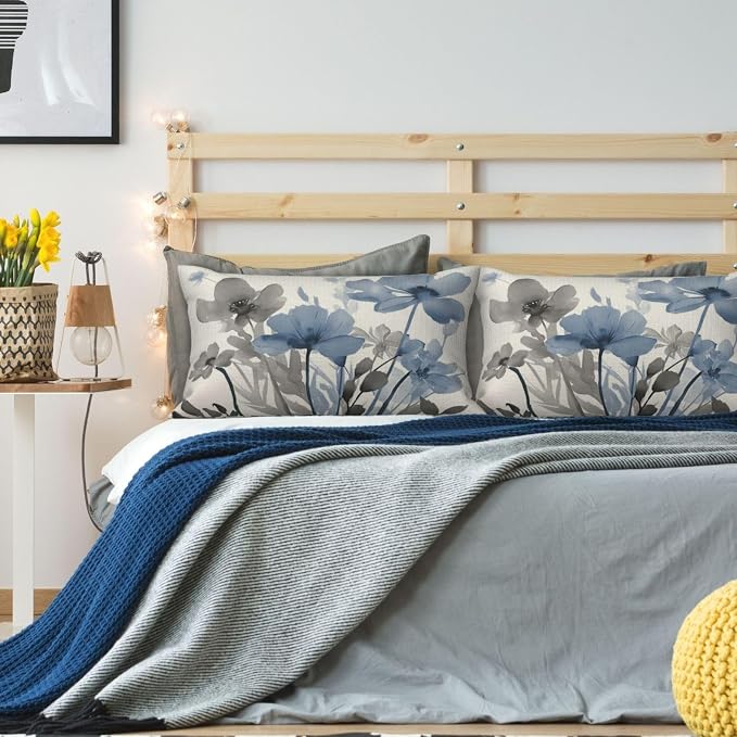 Spring Floral Pillow Covers 12x20 Inches Set of 2 Gray Blue Floral Throw Pillow Covers Outdoor Rustic Summer Flower Decoration Pillowcase Farmhouse Decorative Lumbar Cushion Cover For Home Sofa