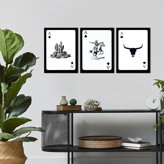 Western Cowboy Wall Art Set of 3 Southwestern Cowboy Print Playing Card Canvas Wall Decor Longhorn Bull Skull Poster Picture Prints Painting for Bedroom Living Room 12x16 In Framed