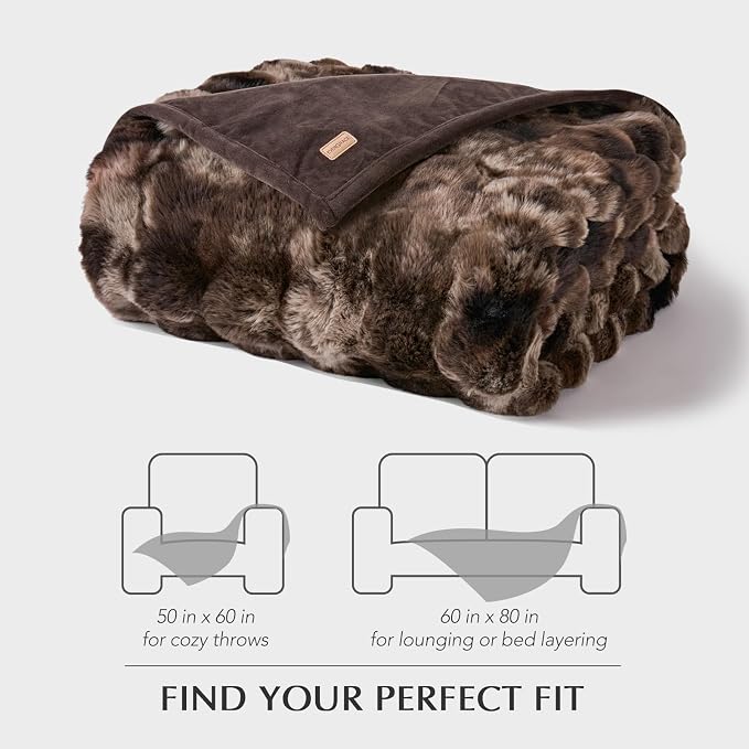 Faux Rabbit Fur Bubble Throw Blanket, 60"x80", Mocha Brown | Ultra Soft, Luxury Faux Rabbit Fur Throw, Thick Warm Bubble Blanket, Cozy Fluffy Reversible, for Bed, Couch, Chair, Sofa