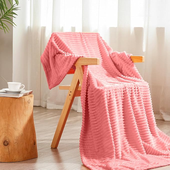 Vessia Flannel Fleece Throw Blanket for Couch,Sofa,Bed, 300GSM Striped Pink Blanket for Adults and Kids, Super Soft Warm Cozy Lightweight Ribbed Throw for All-Season