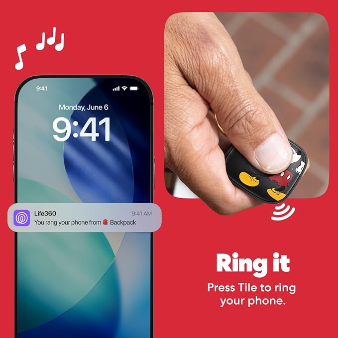Life360 Tile Starter Pack - Mickey Mouse - Bluetooth Trackers and Item Finders for Keys, Wallets & More. Both iOS and Android Compatible. Phone Finder. 2-Pack (Black Mate/Slim)
