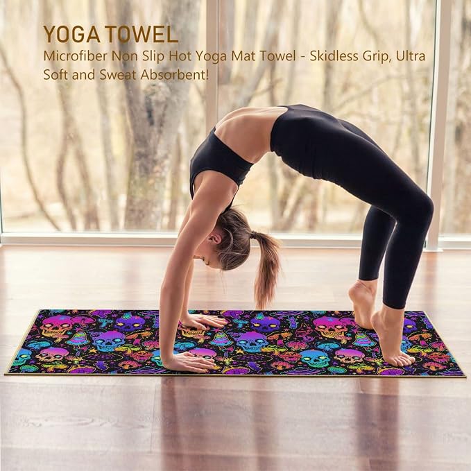 Colorful Skull Mushroom Yoga Towel, Non-Slip Hot Yoga Mat Towel Sweat Absorbent for Pilates and Workout 73 x 27 in