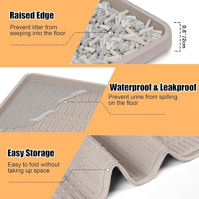 Silicone Cat Litter Mat 47" x 35" Cat Mat for Litter Box, Khaki | Extra Large Cat Litter Trapping Mat for Floor, Waterproof, Non-Slip Kitty Litter Box Mat with Raised Edge, Easy to Clean