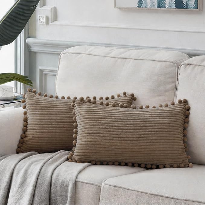 Fancy Homi Set of 2 Light Brown Lumbar Decorative Throw Pillow Covers 12x24 Inch with Pom-poms for Couch Bedroom Sofa, Farmhouse Boho Home Decor, Soft Corduroy Solid Cushion Case 30x60 cm