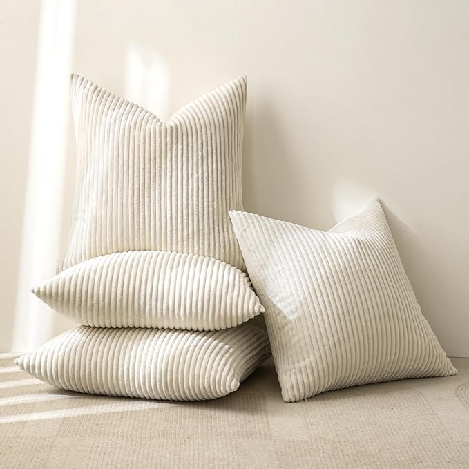 MIULEE Soft Corduroy Decorative Throw Pillow Covers Cream White 18x18 | Set of 4, Mordern Nordic Home Decor, All Same Color Set, Boho Farmhouse Cushion Covers for Couch Bed Sofa Living Room