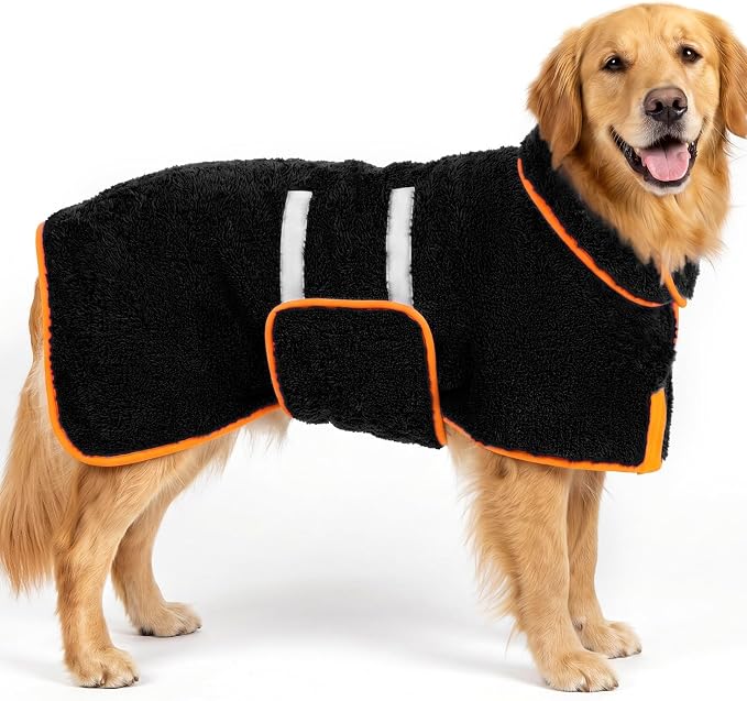 Bienbee Dog Bathrobe, Super Absorbent for Small to Large Dogs, Black XL | Dog Robes with Soft Fleece, Warm & Cozy, Adjustable Fit, and Quick Drying Coat for Baths Swimming and Grooming