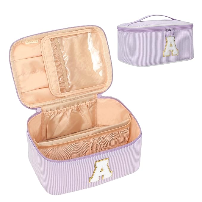 OCHEAL Makeup Bag Valentines Day Gifts for Women, Monogram Cosmetic Bag Purple Travel Makeup Case Beauty Toiletry Bag Organizer Personalized Gifts for Girls Bridesmaid, Sister, Wife, Friends Initial A