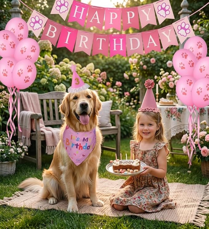 Dog Birthday Party Supplies,Dog Birthday Bandana Set, Numbers,Flag,Balloon | Dog Birthday Hat,Boy Girl Birthday Party,for Large Medium Small Dogs Pet (Pink)