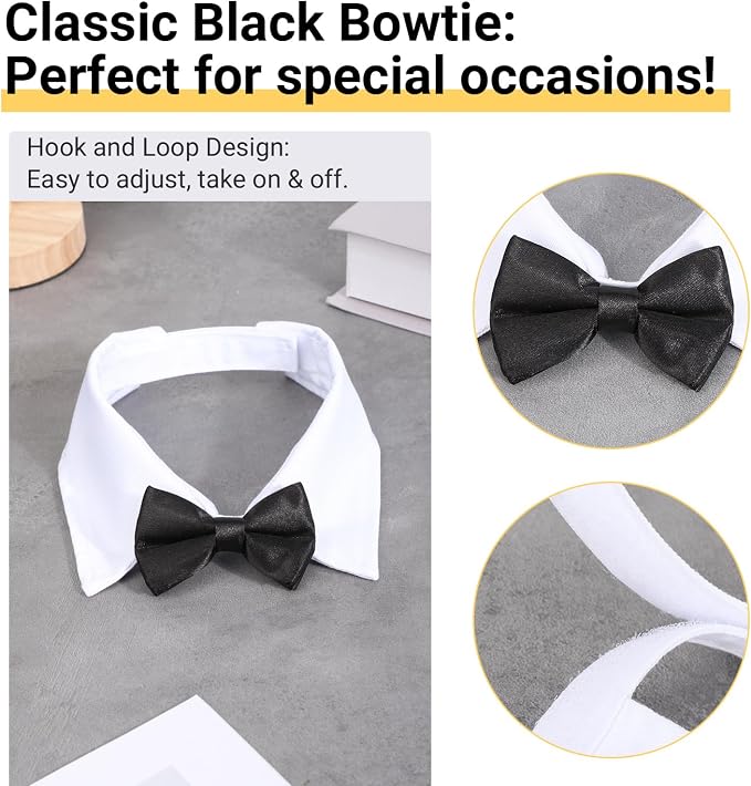 Segarty Dog Tuxedo Collar for Neck Girth 12.6-15.7in, Bow Tie Collar Black Bowtie with Handcrafted Adjustable White Formal Pet Cats Necktie Collars for Medium Large Boy Dog Wedding Grooming Birthday