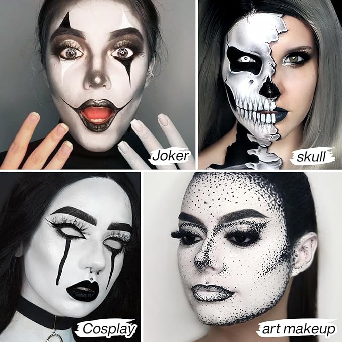 Black and White Face Paint Makeup, White Foundation Goth Makeup Cream To Powder Greasepaint, Emo Clown Cosplay Face Painting Full Coverage, Eye Black Body Paint Halloween SFX Cary Skeleton Costume
