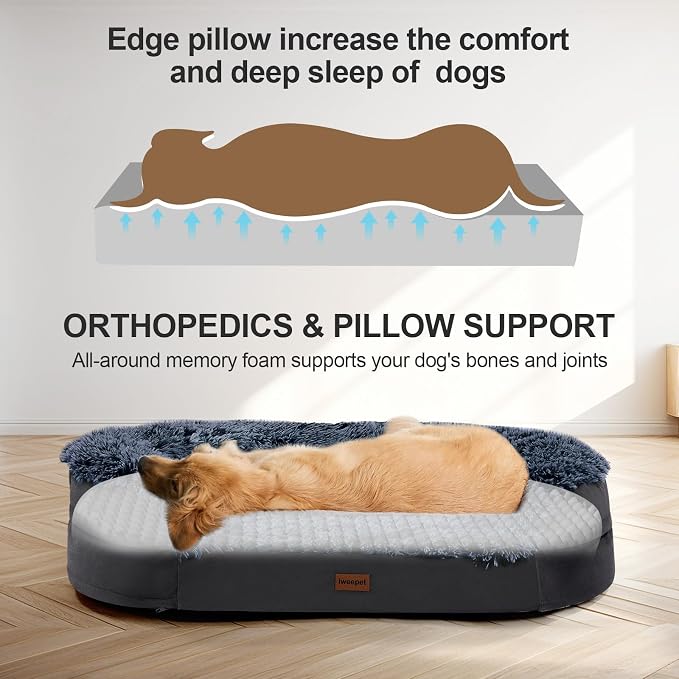 Fluffy Calming Jumbo Orthopedic Dog Beds for Extra Large Dogs, Supportive Dog Sofa Bed with 3.7 inch 28D Egg-Crate Foam, Removable Washable Plush Cover, Waterproof Lining, 48’’,Brown