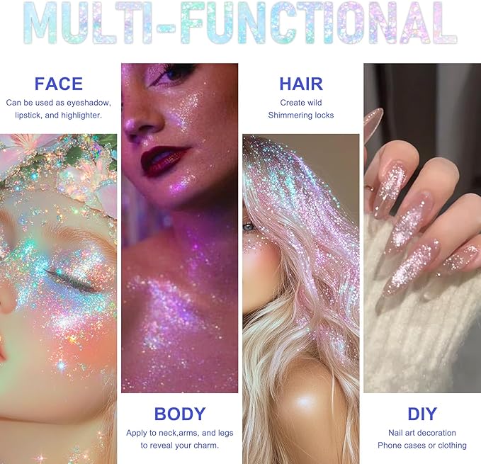 Roll-on Holographic Body Glitter Gel for Face and Hair, Chameleon Color Changing Glitter Gel Under Light, Chunky Mermaid Sequins Festival Party Rave Accessories Body Shimmer Makeup (Sparkling Pink)