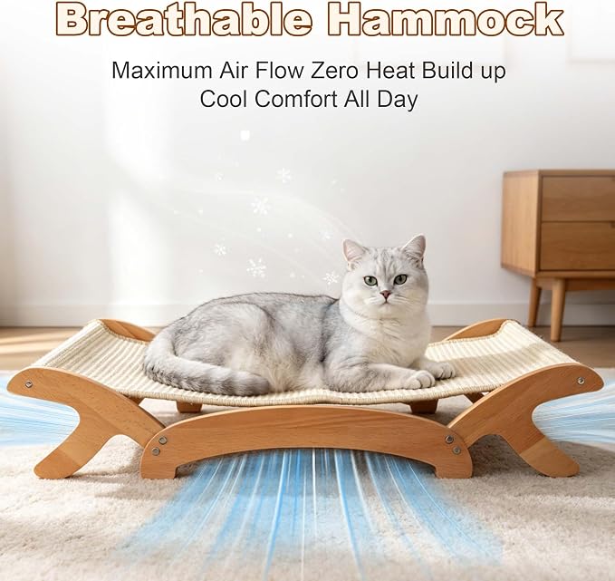 ANWA Cat Scratcher Bed for Indoor Cats, 26.4" Large Natural Sisal Scratchers for Cats with Solid Wood Frame, 2-in-1 Cat Scratch Pad Bed Combo, Cat Couch Lounger and Hammock, Easy Assembly