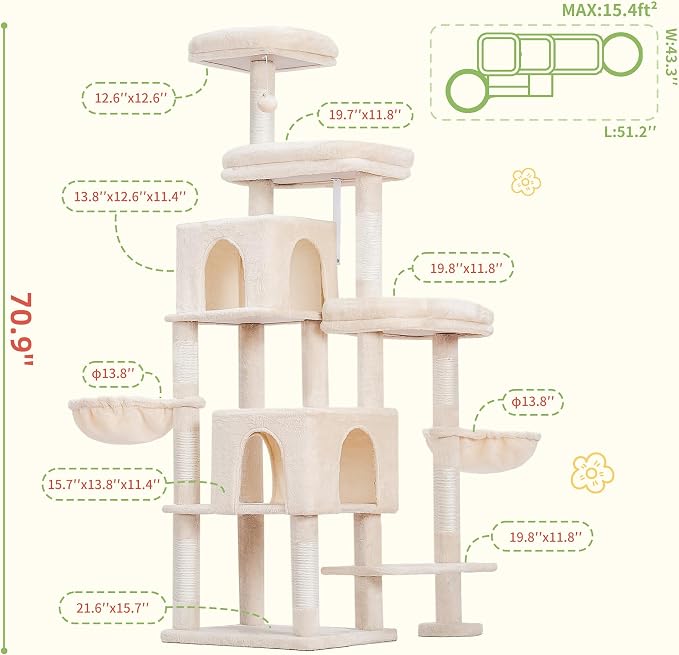 Hey-brother Cat Tree Tower with Stable Extended Base, 3 Platforms, MPJ038M | 70.9 Inches Multi-Level Sisal Scratching Posts, Wide Bed, 2 Cozy Condos, 2 Hammocks, Toy Balls for Indoor Cats, Beige