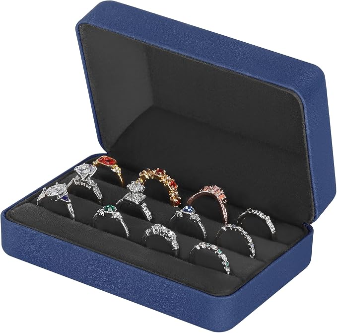 KUKUVR Velet Jewelry Ring Storage Box for Multiple Rings (Blue) | Travel Jewelry Case with 3 Slot Ring Display Organizer