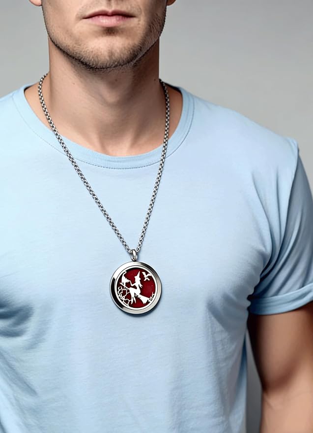 Essential Oil Diffuser Necklace - Aromatherapy Jewelry Halloween Stainless Steel Magic Witch Locket Pendant with 24 Inches Chain + 8 Washable Refill Pads Birthday