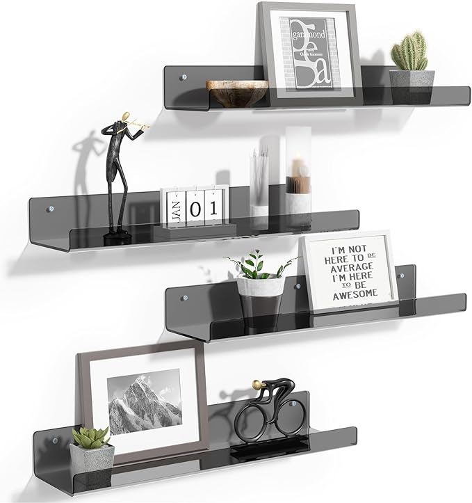 upsimples 4 Pcs 15" Acrylic Shelves for Wall Decor and Display, Clear Black | Cute Floating Shelf for Perfume, Skincare, Nail Polish, Wall Organizer for Bedroom, Living Room, Playroom, Room Décor