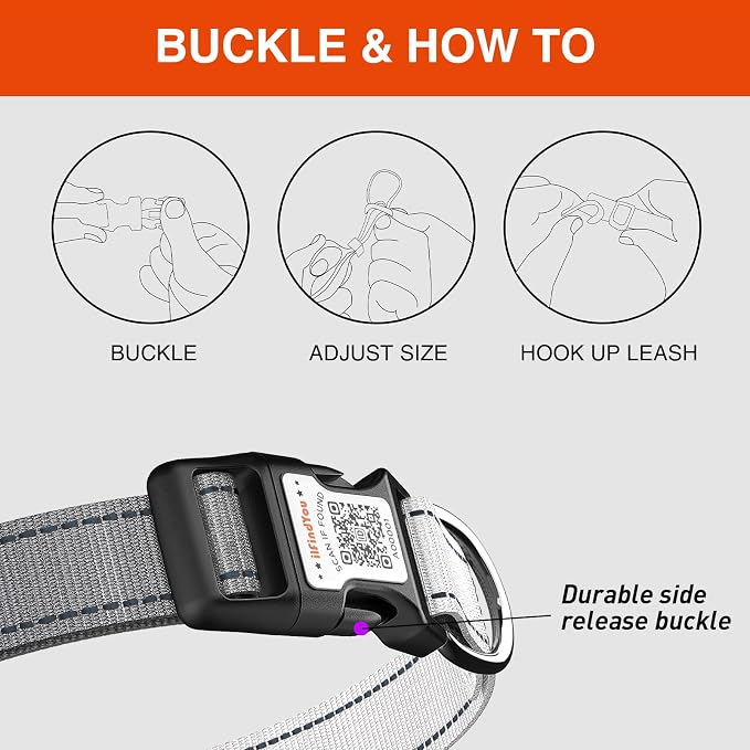 Personalized Dog Collar with QR Code Dog Tag, Black&Gray M | Anti-lost, 1000D nylon, reflective, padded, XS-L(8"-24"), QR buckle shares lost pet profile, location alerts when scanned